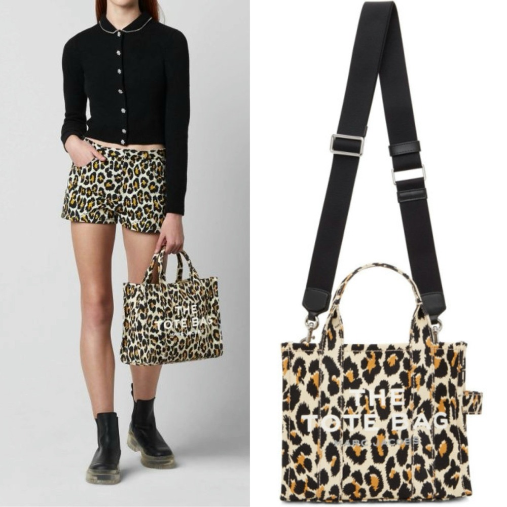 Marc Jacobs The Traveler Zip LOGO Tote Bag Leopard Print Cotton Canvas Shoulder